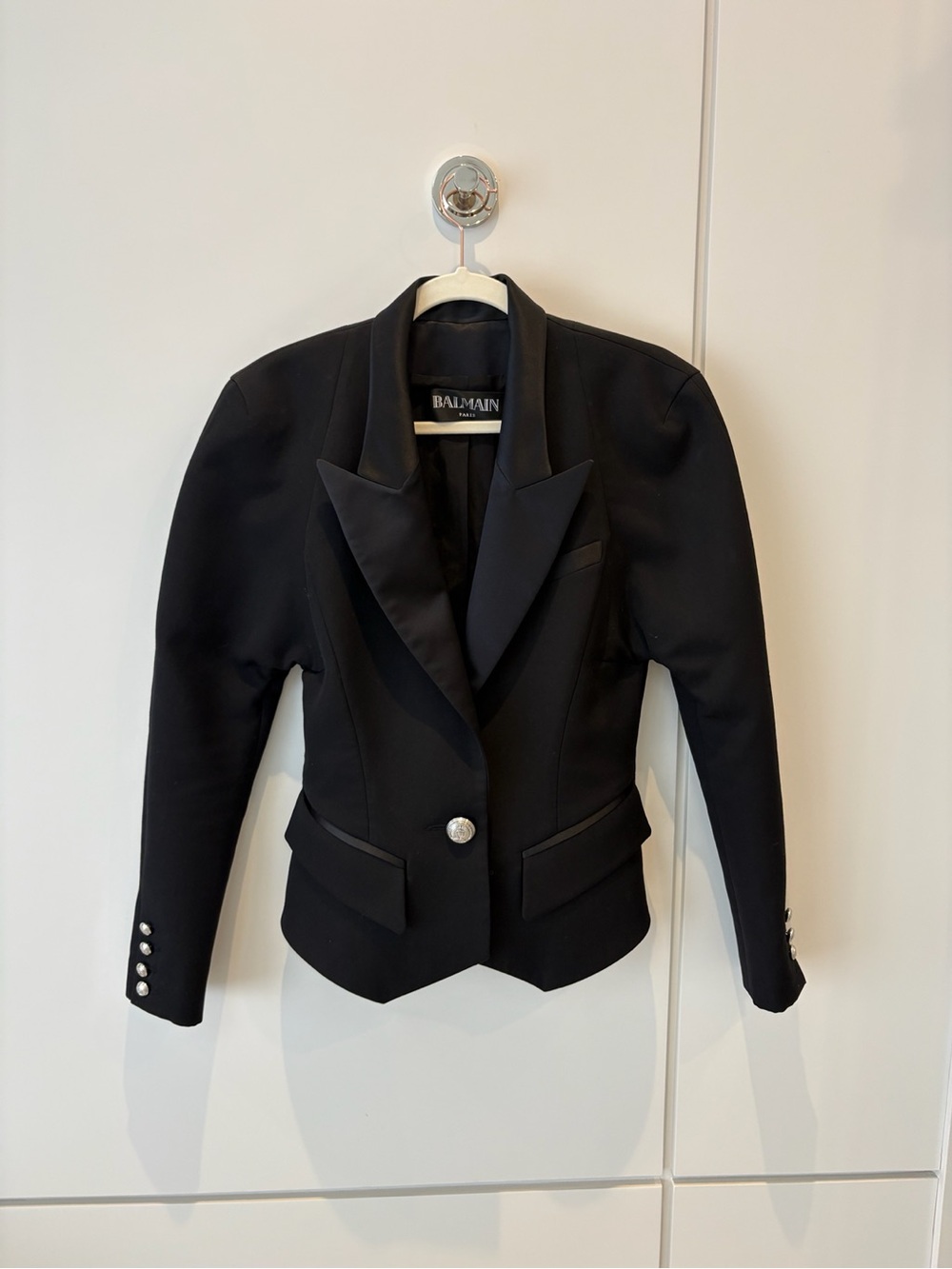 BALMAIN Paris Black Wool Tuxedo Blazer Size 40 Power Shoulder Made France - Picture 4 of 11